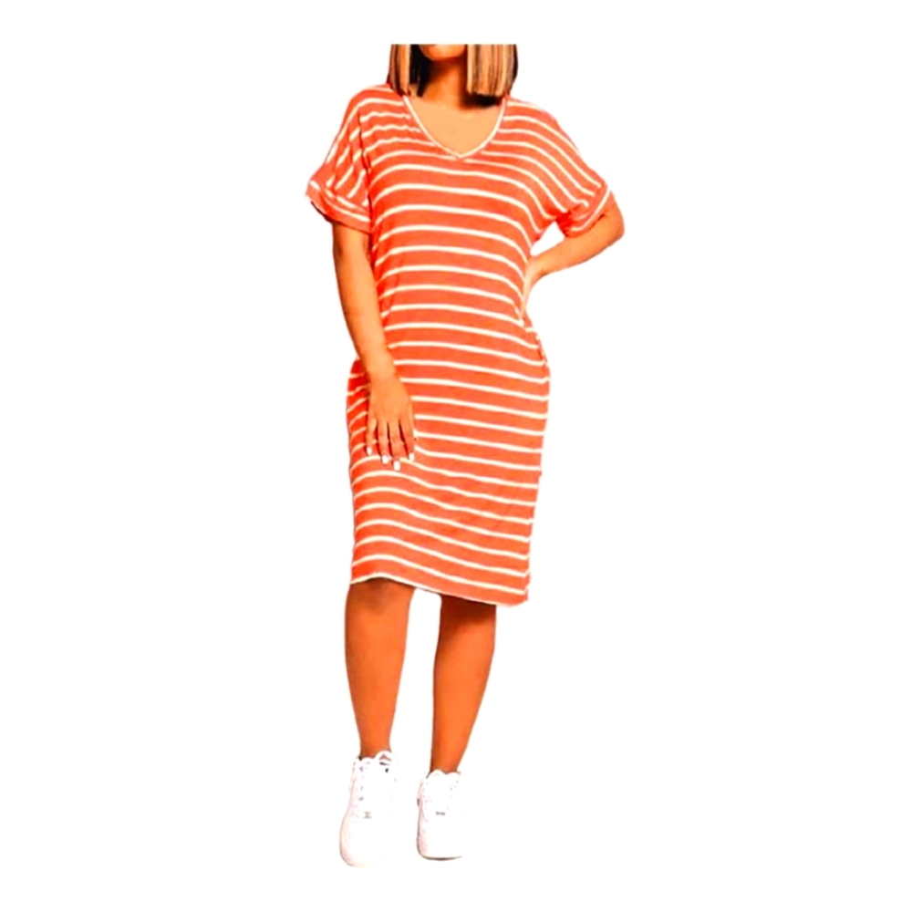 STRIPE ROLLED SHORT SLEEVE V-NECK DRESS